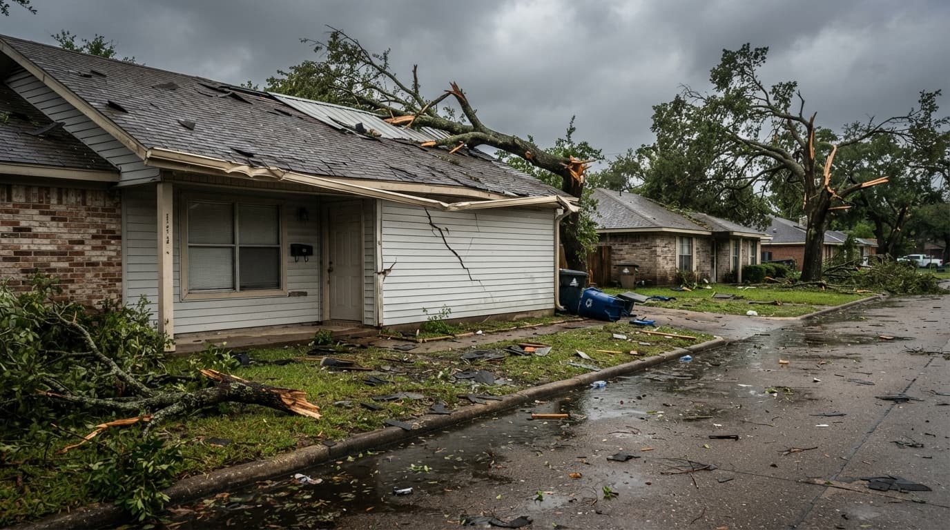 Wind and hail roof damage on Beaumont TX home after severe storm