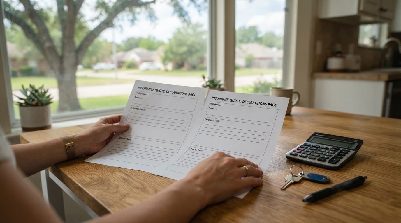 Home insurance quote comparison paperwork for a Beaumont TX homeowner