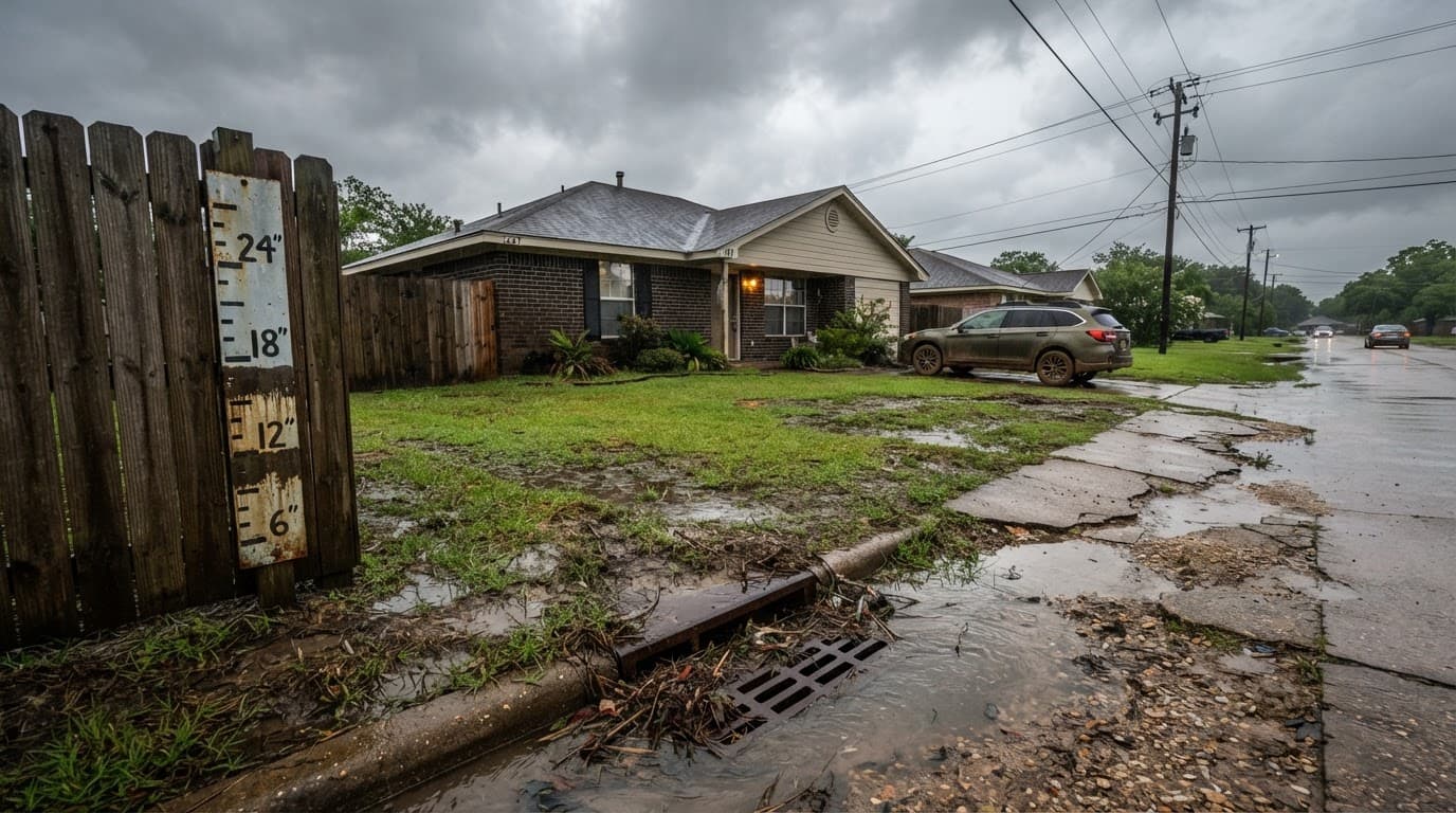 Beaumont TX home after heavy storm showing difference between wind damage and flood damage