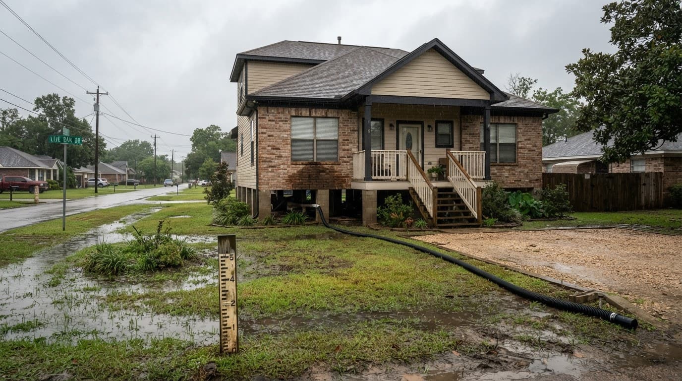 Beaumont Texas neighborhood street flooding near homes after intense rainfall